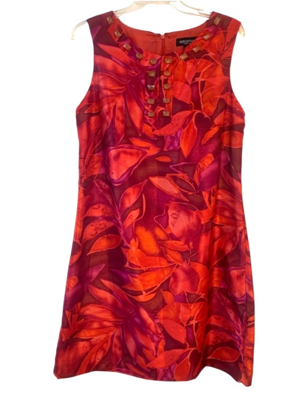 Perceptions Sleeveless Shift Dress Tropical Red Beaded Neckline Women’s Size 16